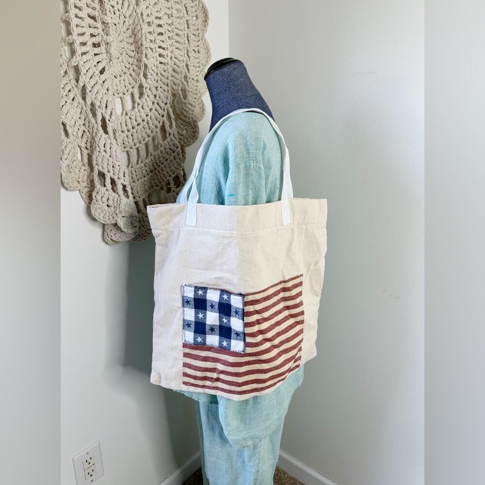 Vintage Handmade American Flag Patchwork Quilted Tote Bag